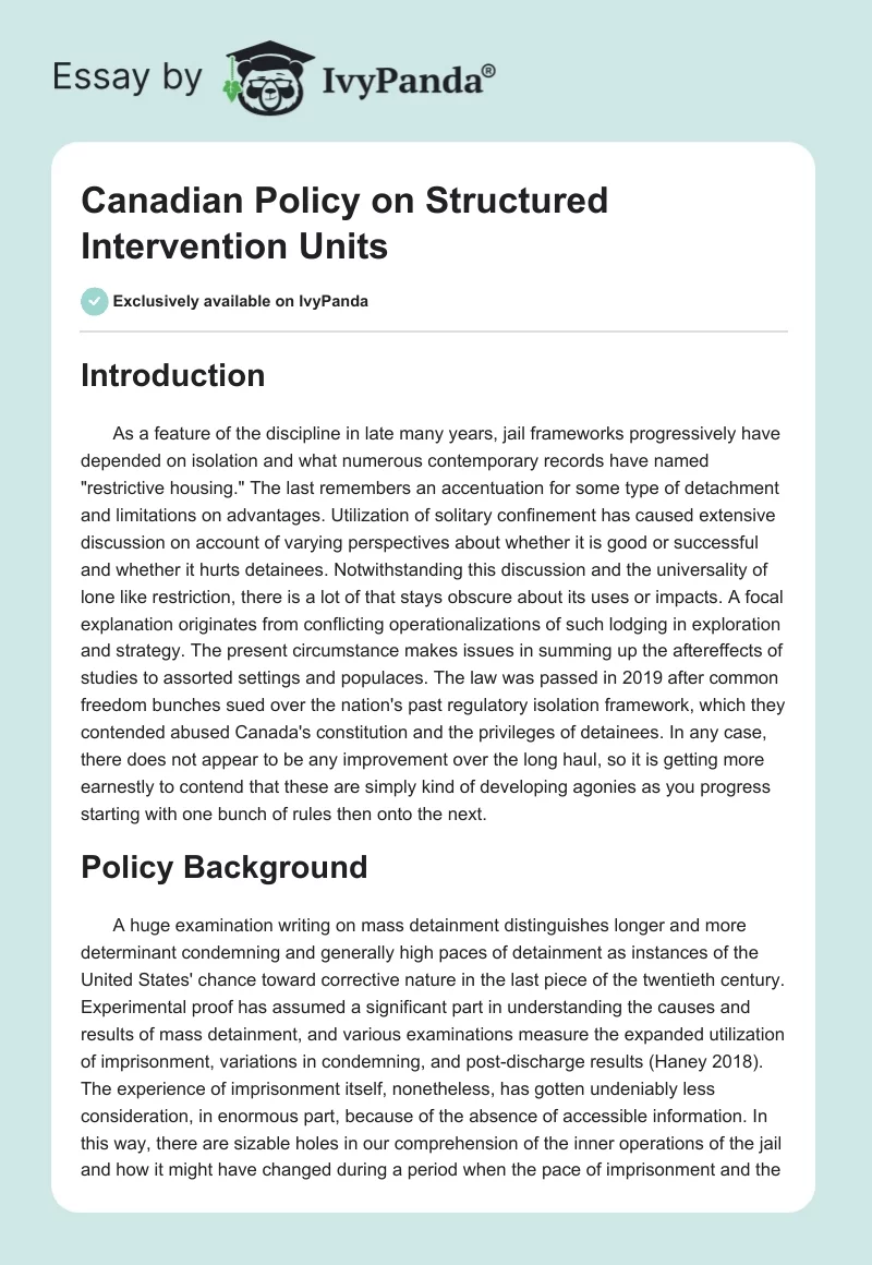 Canadian Policy on Structured Intervention Units. Page 1