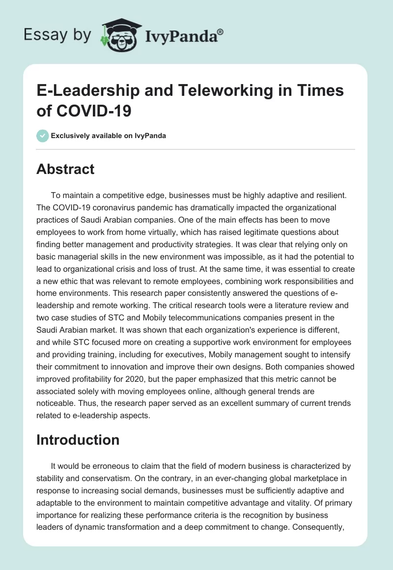 E-Leadership and Teleworking in Times of COVID-19. Page 1