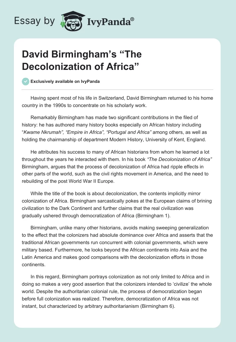 David Birmingham’s “The Decolonization of Africa”. Page 1