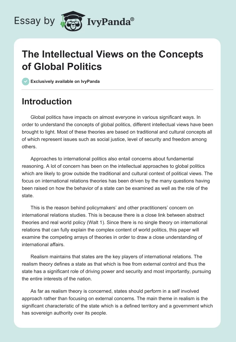 The Intellectual Views on the Concepts of Global Politics. Page 1