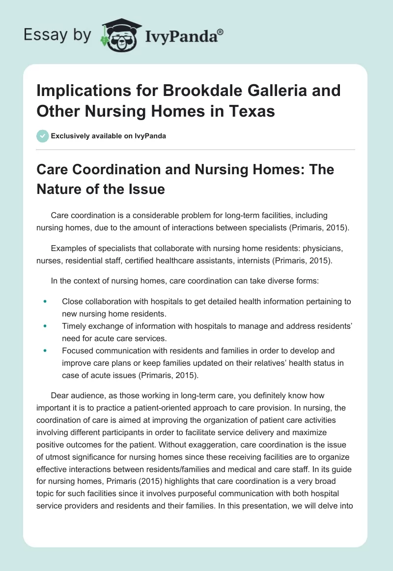 Implications for Brookdale Galleria and Other Nursing Homes in Texas. Page 1
