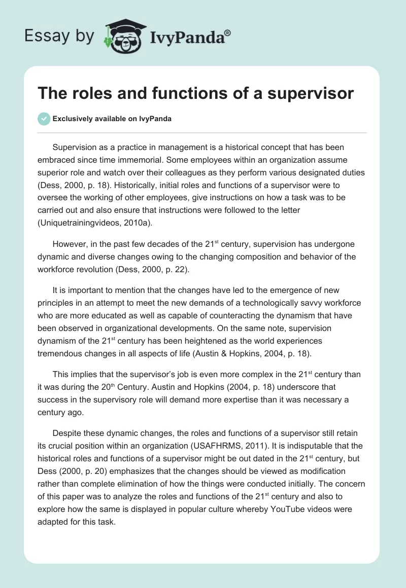 The roles and functions of a supervisor. Page 1
