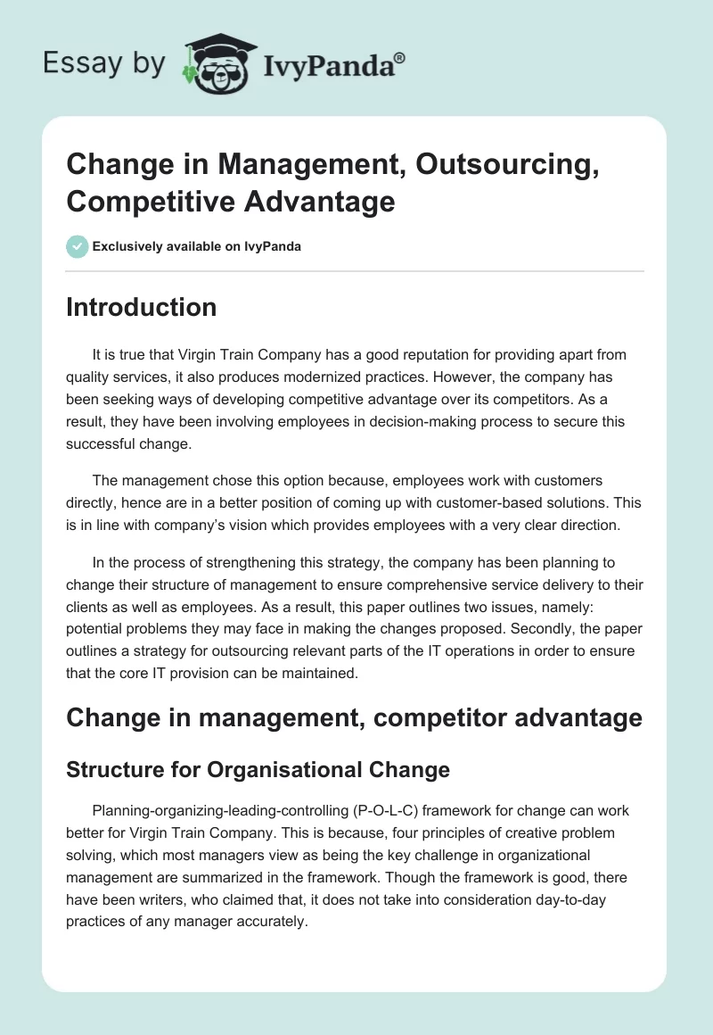 Change in Management, Outsourcing, Competitive Advantage. Page 1
