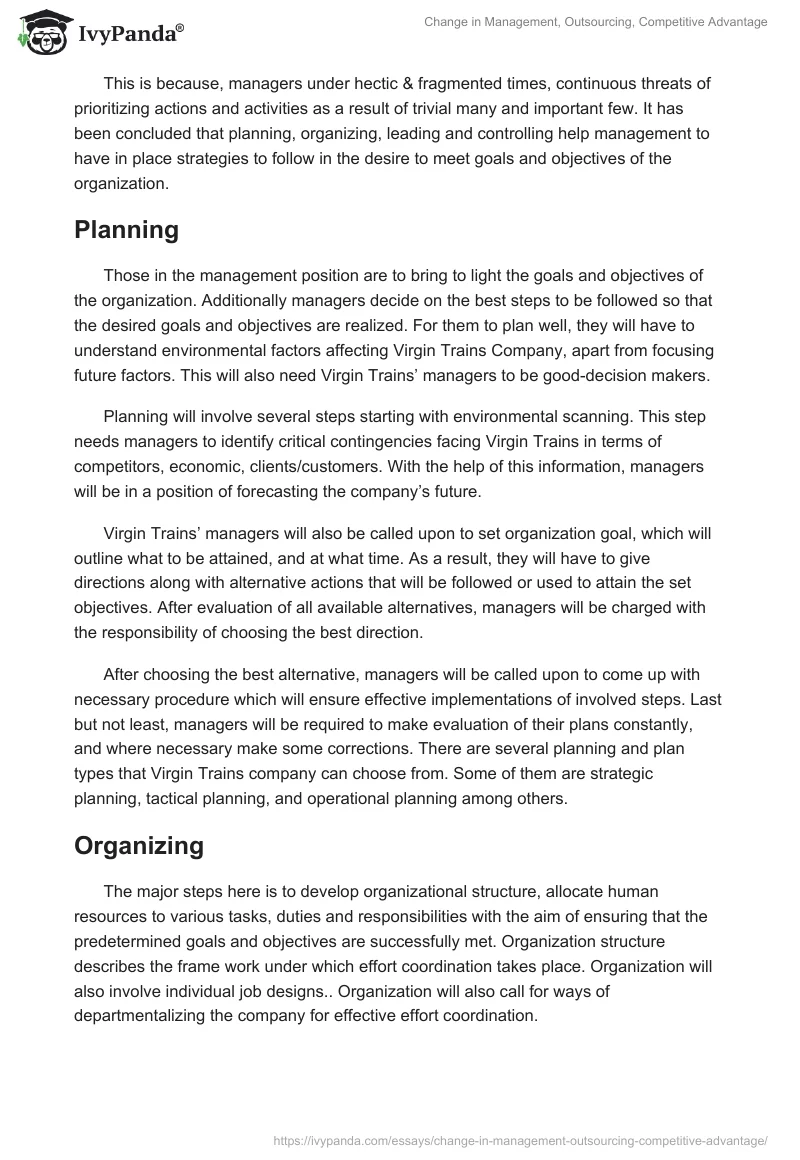 Change in Management, Outsourcing, Competitive Advantage. Page 2