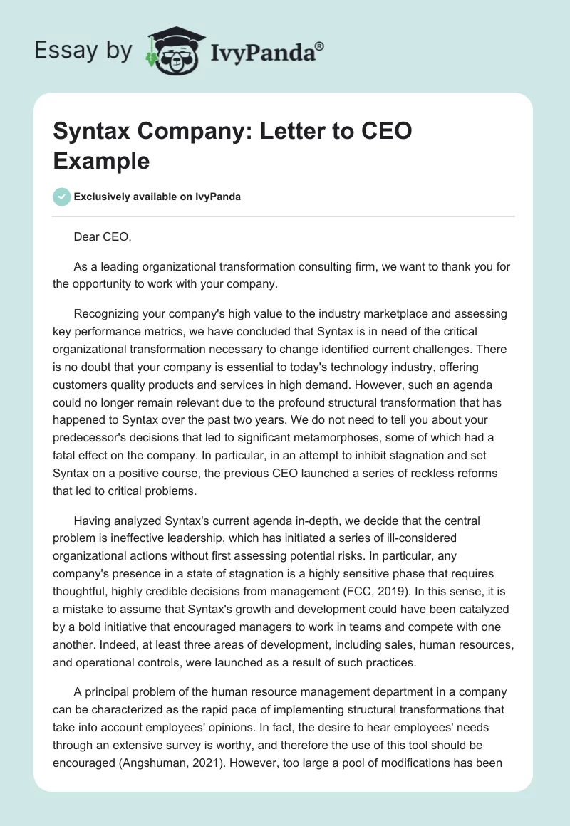 Syntax Company: Letter to CEO Example. Page 1