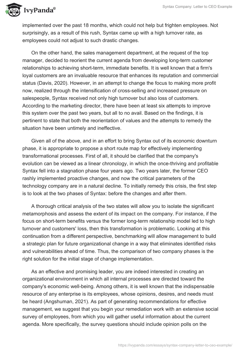 Syntax Company: Letter to CEO Example. Page 2