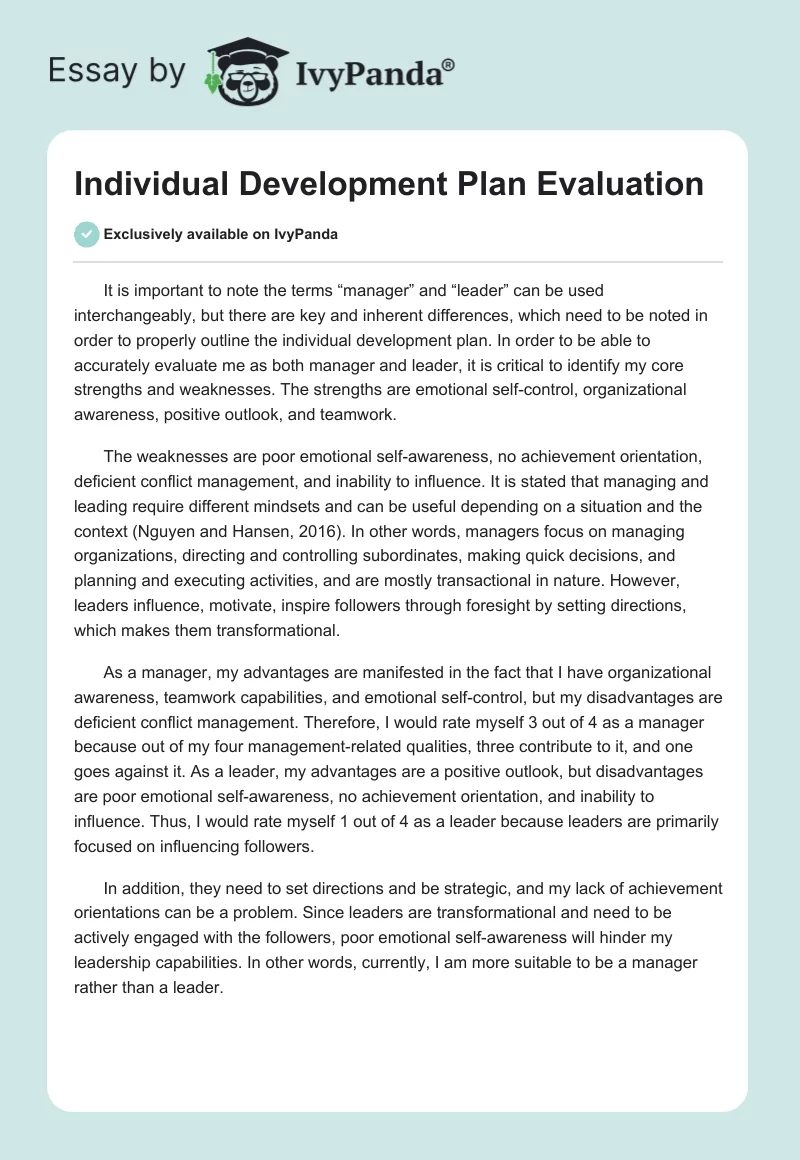 Individual Development Plan Evaluation. Page 1