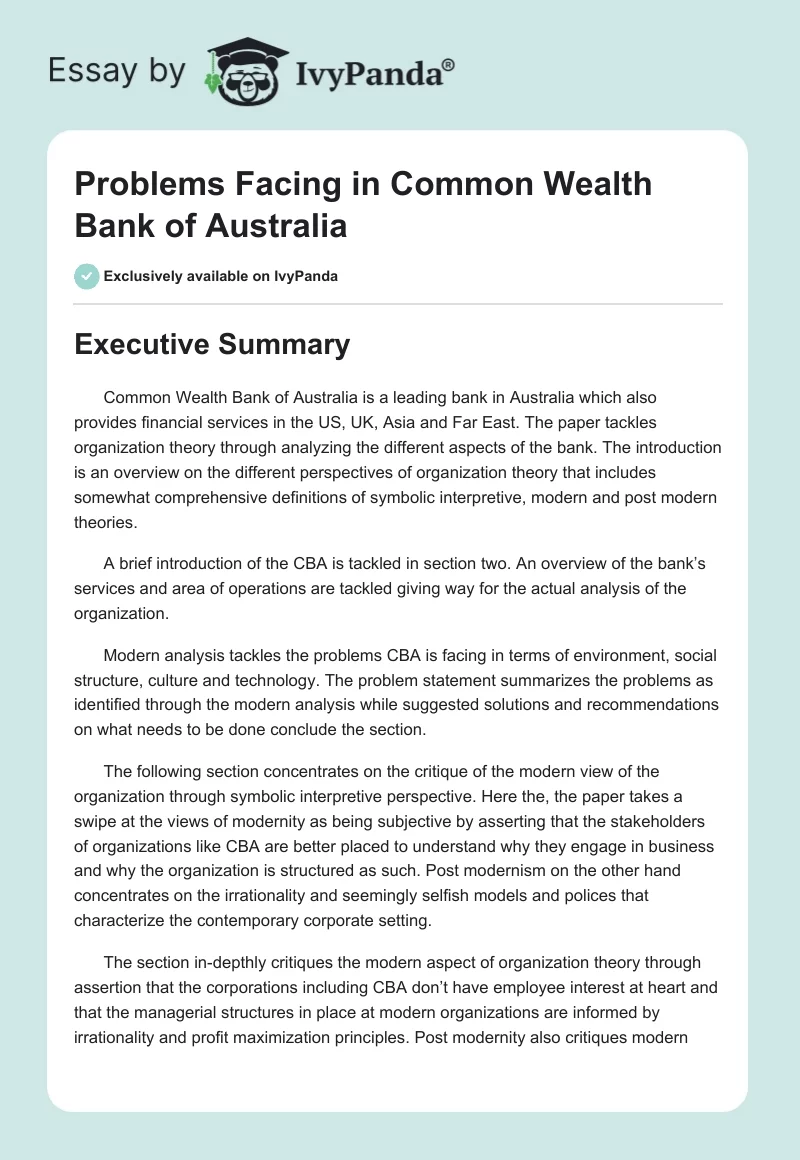 Problems Facing in Common Wealth Bank of Australia. Page 1