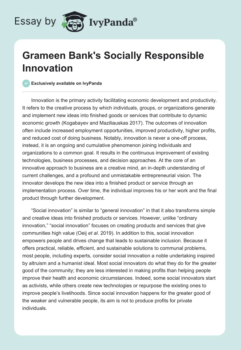 Grameen Bank's Socially Responsible Innovation. Page 1