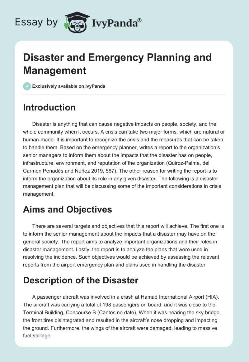 Disaster and Emergency Planning and Management. Page 1