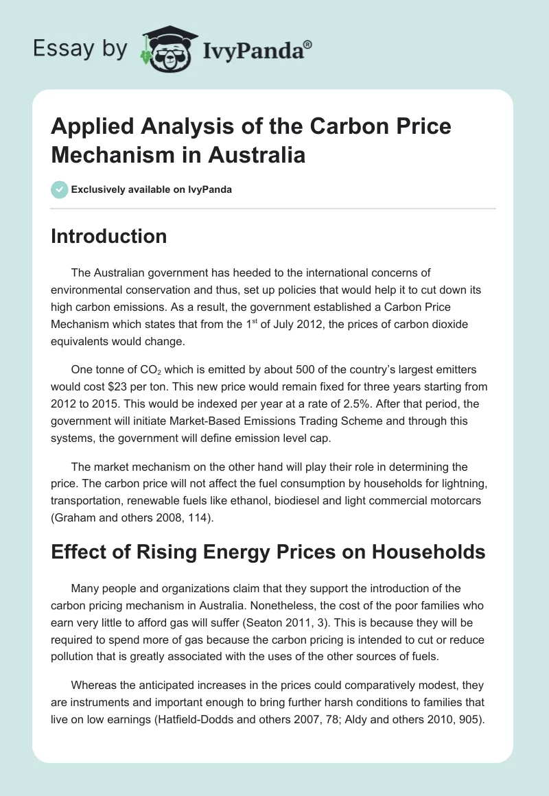 Applied Analysis of the Carbon Price Mechanism in Australia. Page 1