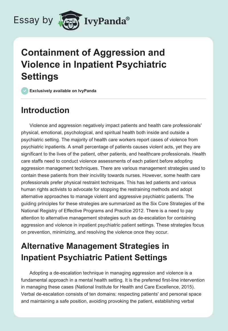 Containment of Aggression and Violence in Inpatient Psychiatric Settings. Page 1