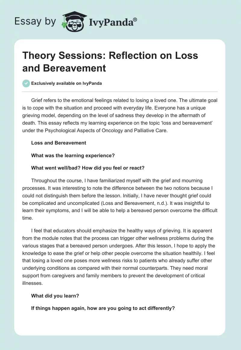 Theory Sessions: Reflection on Loss and Bereavement. Page 1