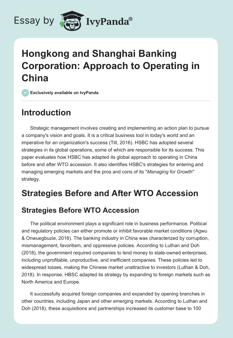 Hongkong and Shanghai Banking Corporation: Approach to Operating in China. Page 1