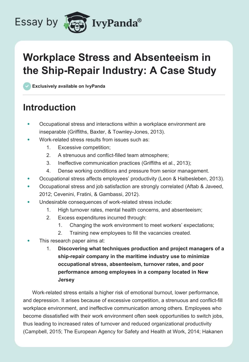 Workplace Stress and Absenteeism in the Ship-Repair Industry: A Case Study. Page 1