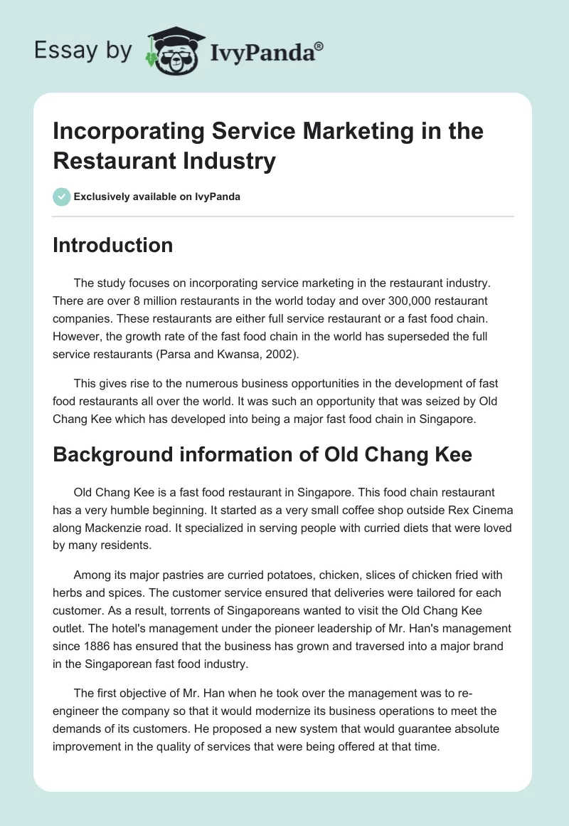 Incorporating Service Marketing in the Restaurant Industry. Page 1