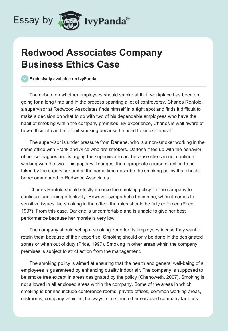 Redwood Associates Company Business Ethics Case. Page 1