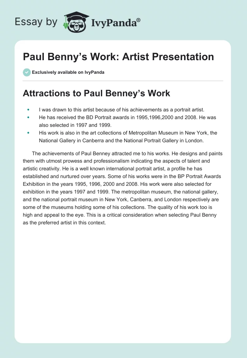 Paul Benny’s Work: Artist Presentation. Page 1