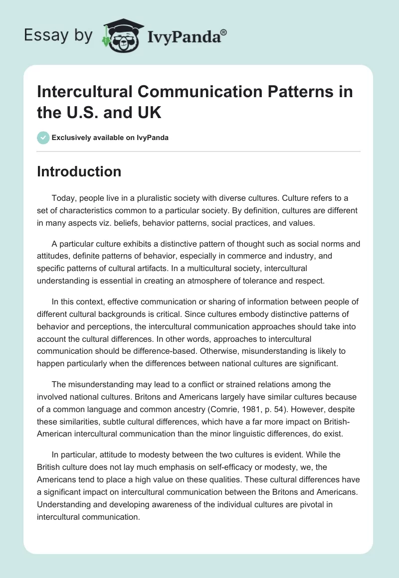 Intercultural Communication Patterns in the U.S. and UK. Page 1