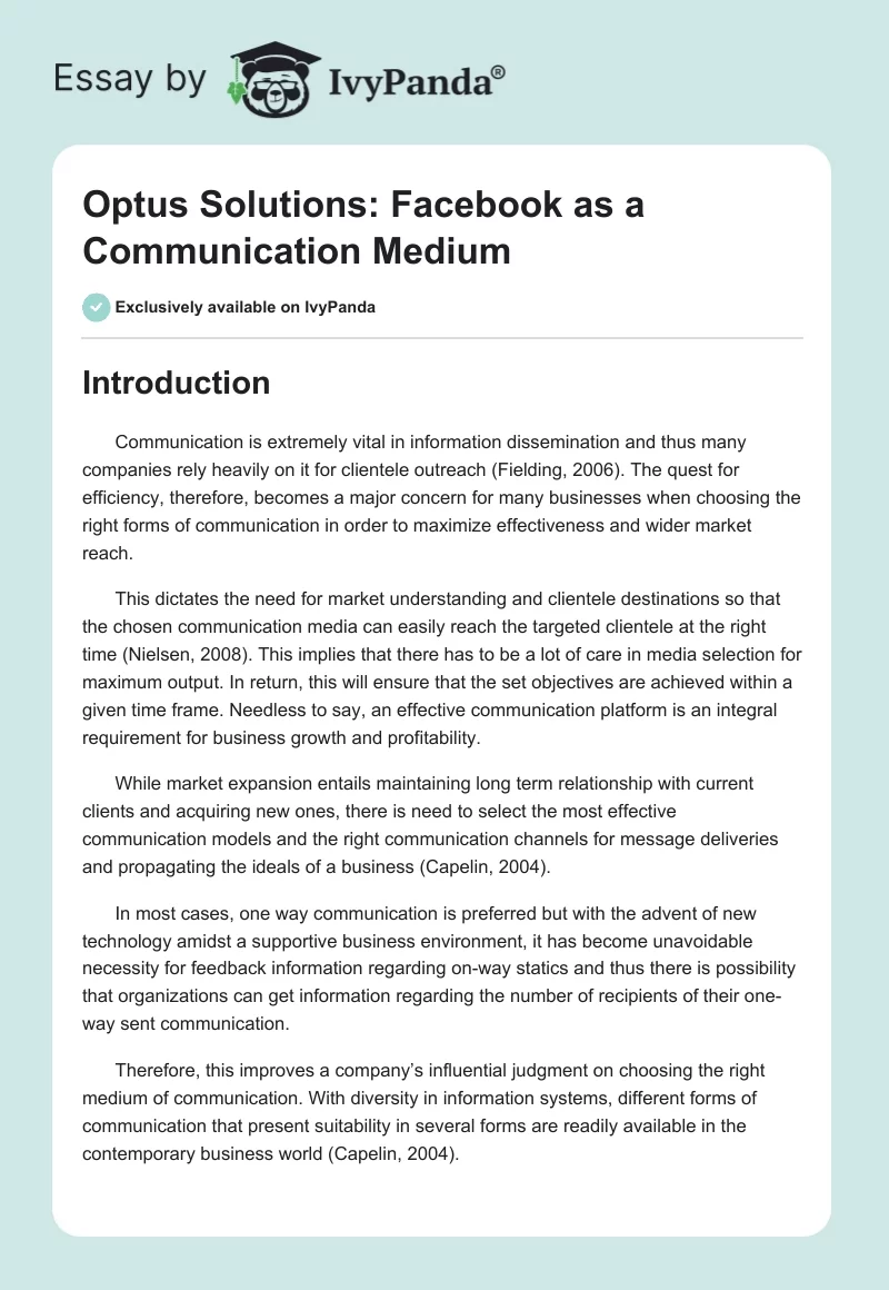 Optus Solutions: Facebook as a Communication Medium. Page 1