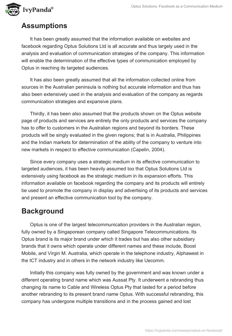 Optus Solutions: Facebook as a Communication Medium. Page 4