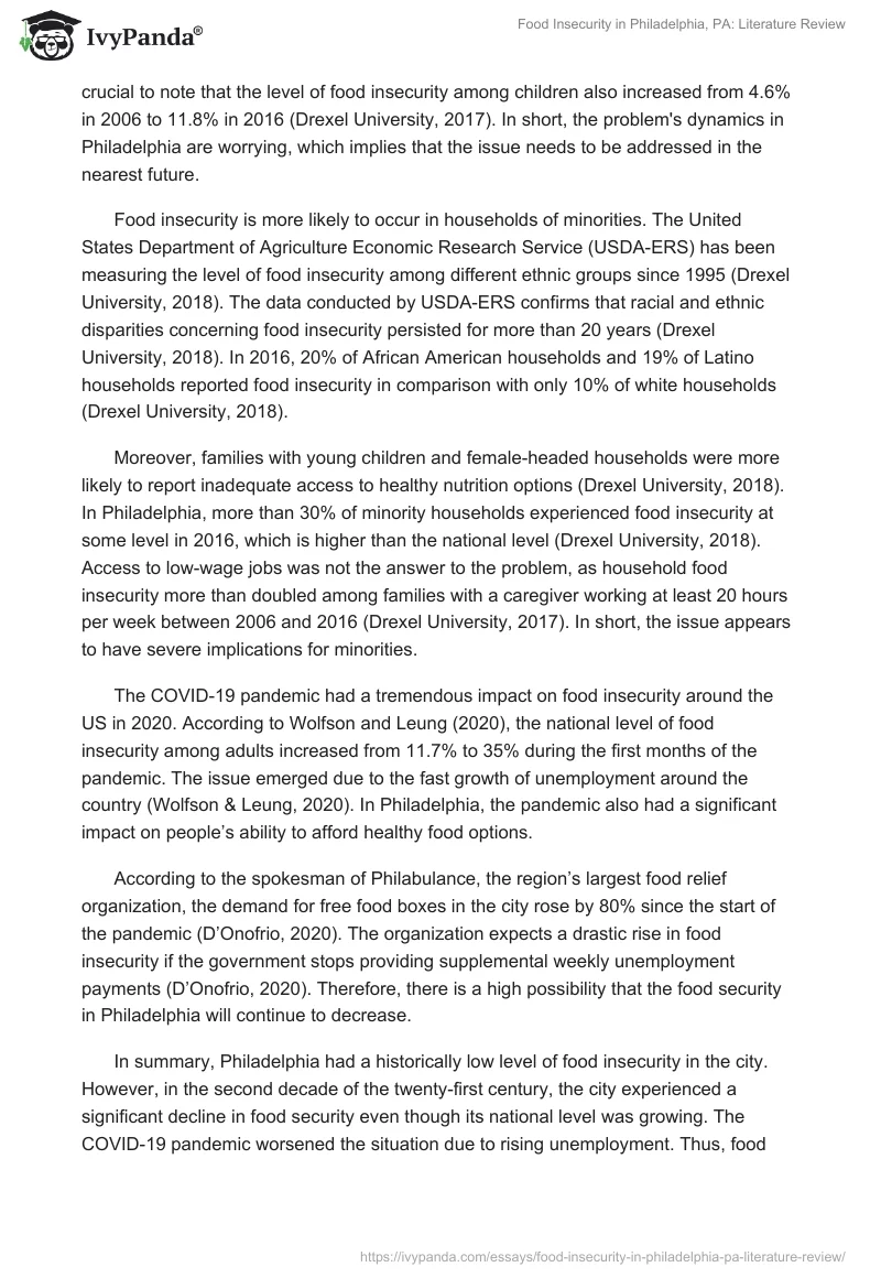 Food Insecurity in Philadelphia, PA: Literature Review. Page 2