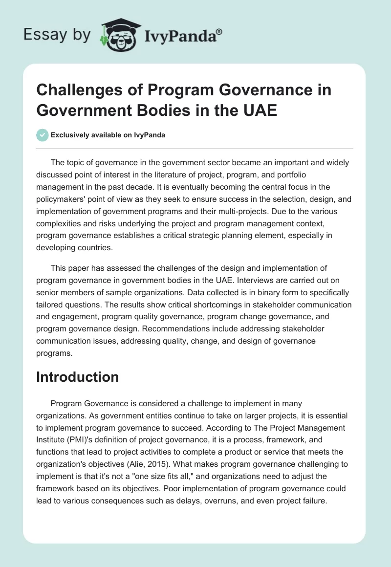 Challenges of Program Governance in Government Bodies in the UAE. Page 1