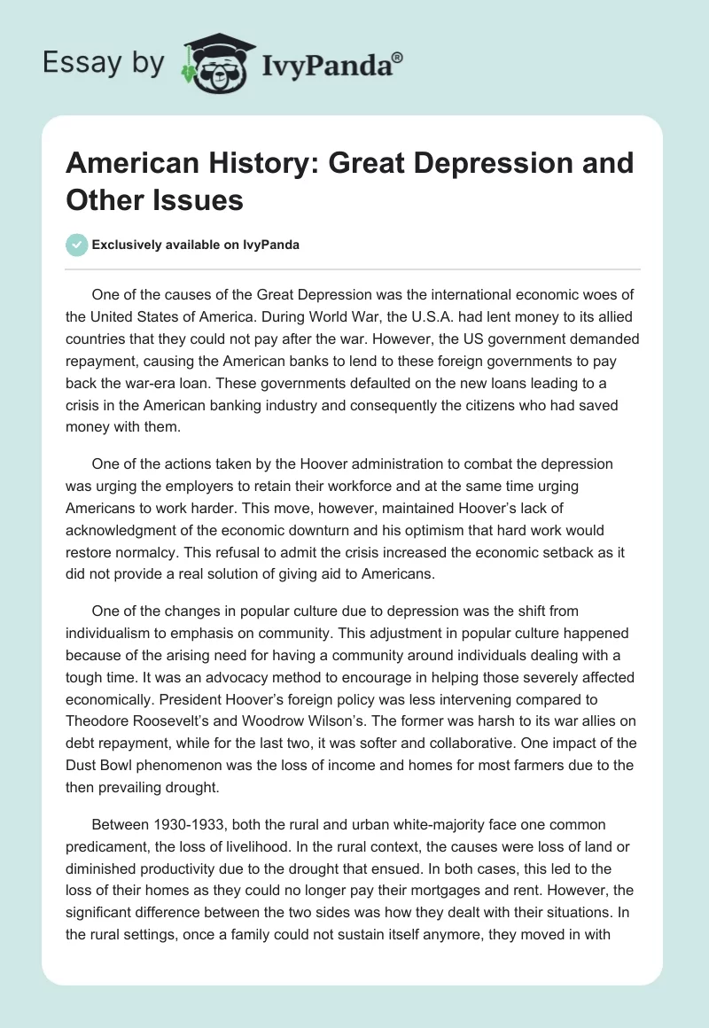 American History: Great Depression and Other Issues. Page 1