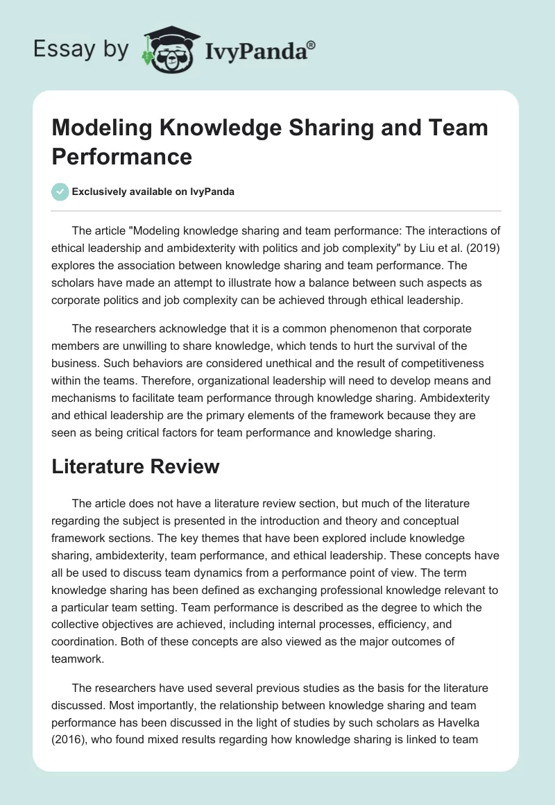 Modeling Knowledge Sharing and Team Performance. Page 1