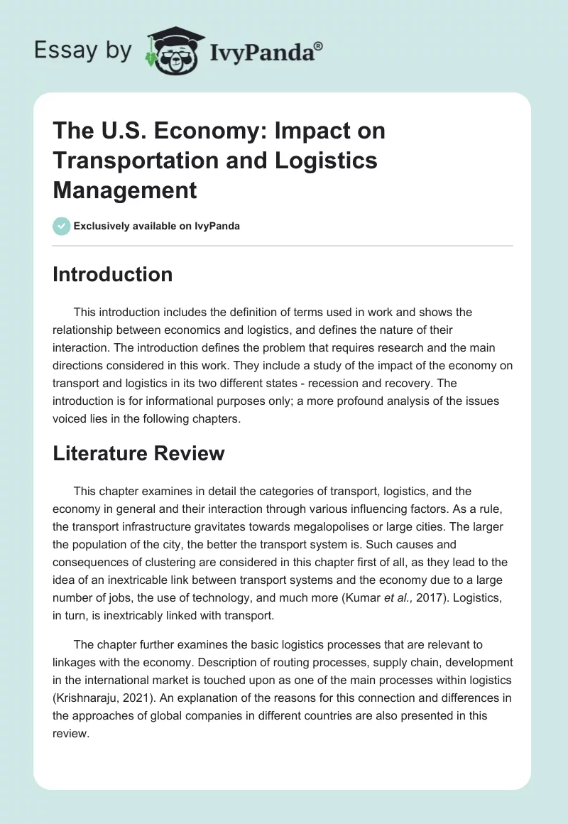 The U.S. Economy: Impact on Transportation and Logistics Management. Page 1
