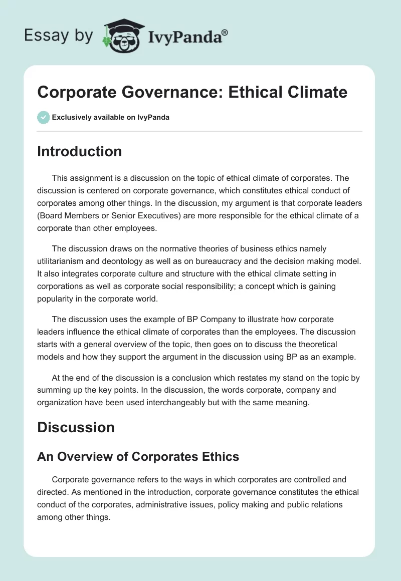Corporate Governance: Ethical Climate. Page 1