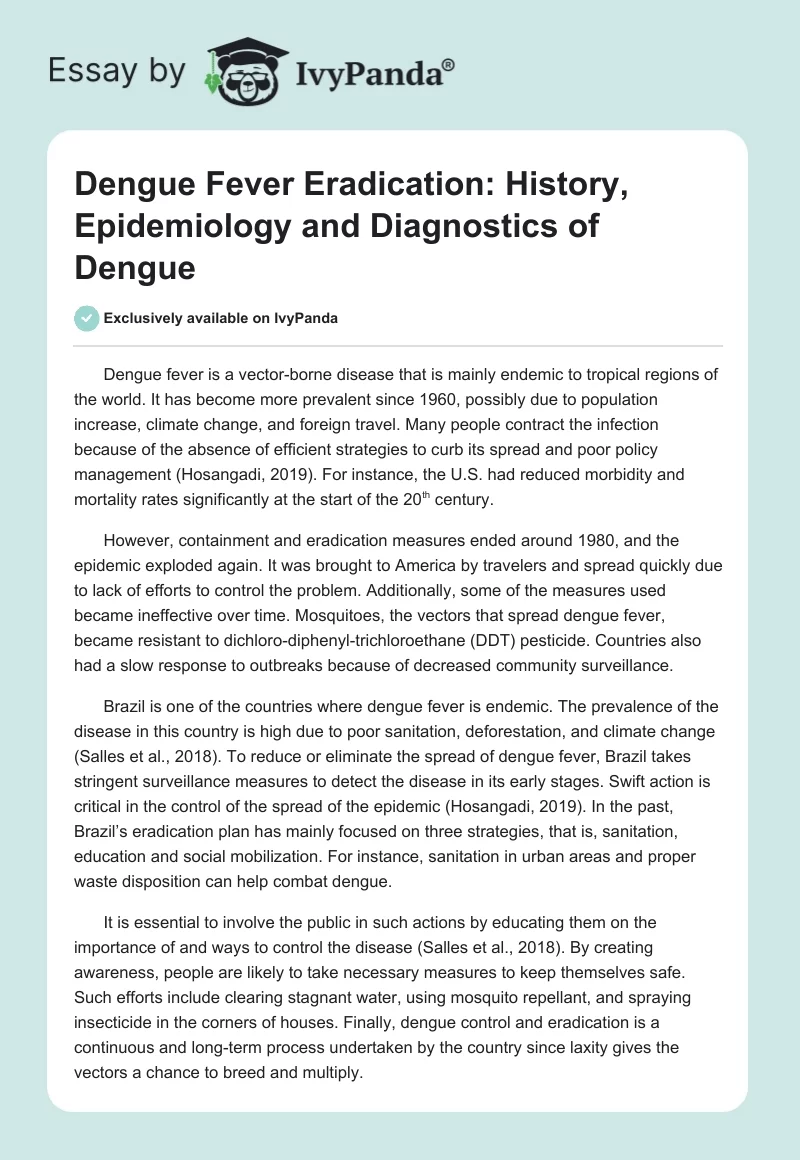 Dengue Fever Eradication: History, Epidemiology and Diagnostics of Dengue. Page 1