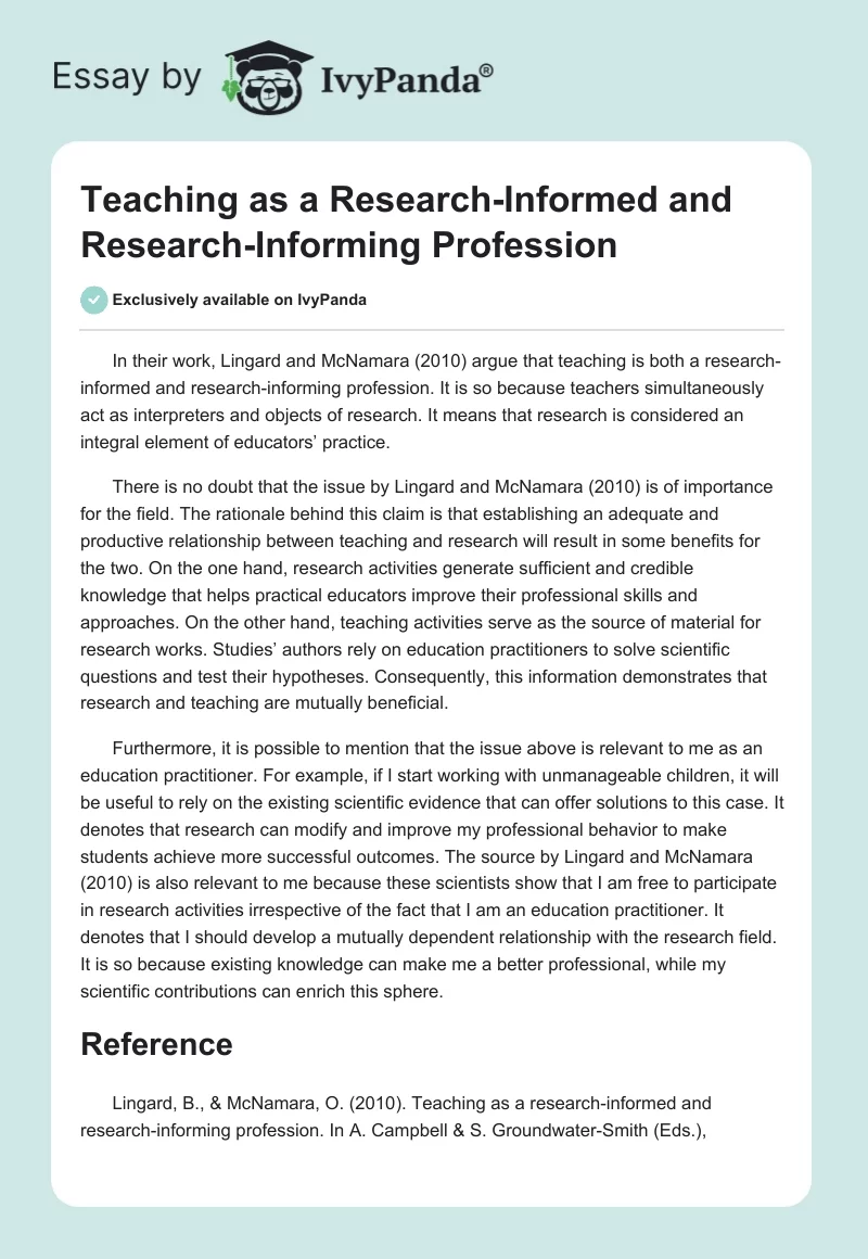 Teaching as a Research-Informed and Research-Informing Profession. Page 1