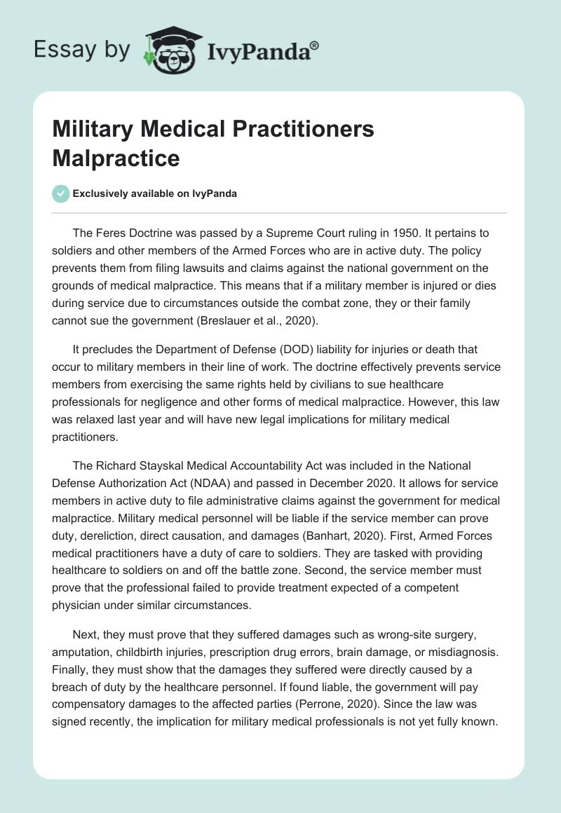 Military Medical Practitioners Malpractice. Page 1
