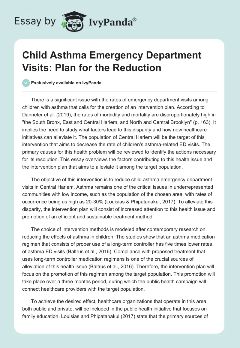 Child Asthma Emergency Department Visits: Plan for the Reduction. Page 1