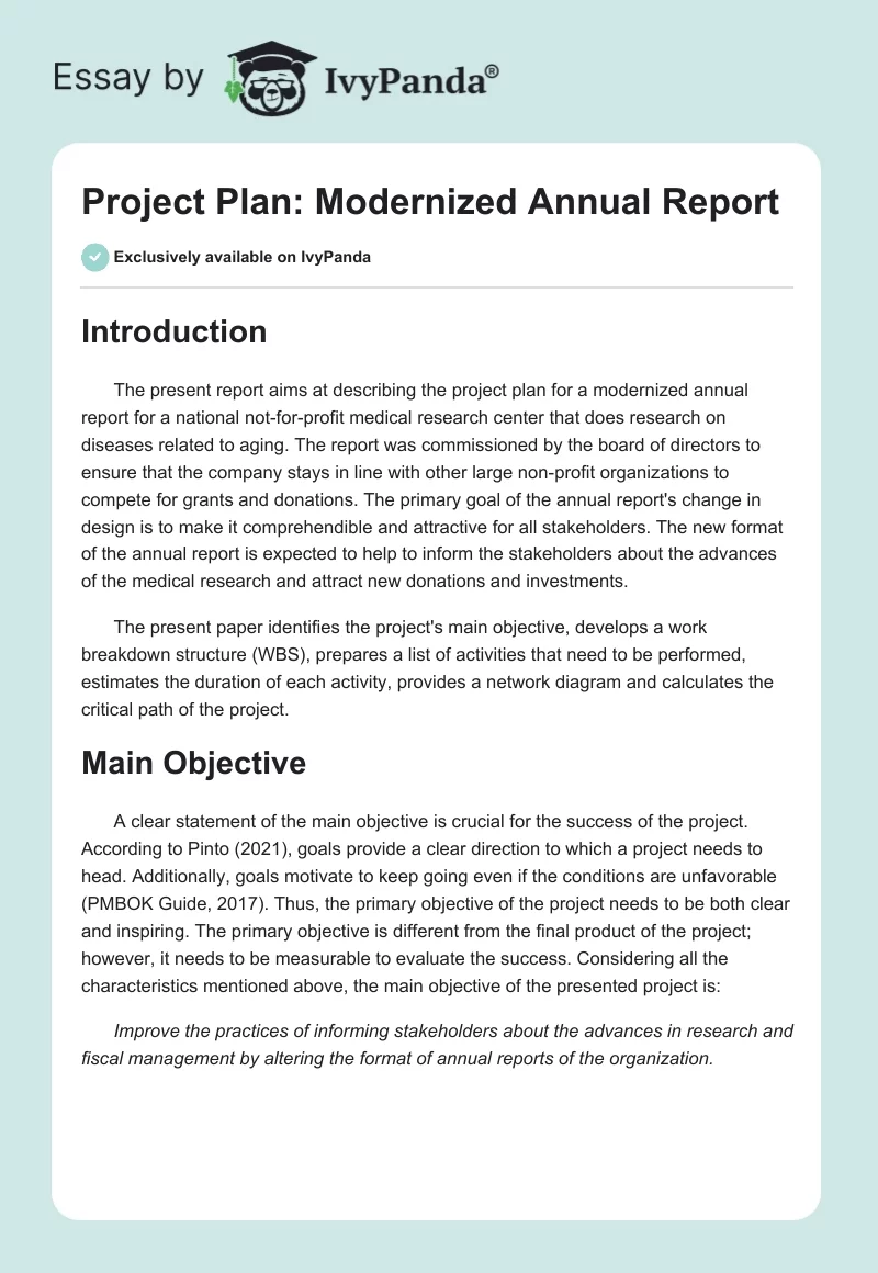 Project Plan: Modernized Annual Report. Page 1