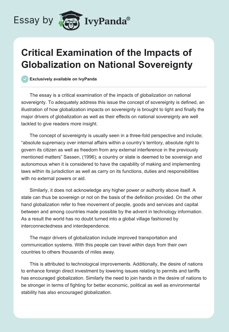 Critical Examination of the Impacts of Globalization on National Sovereignty. Page 1