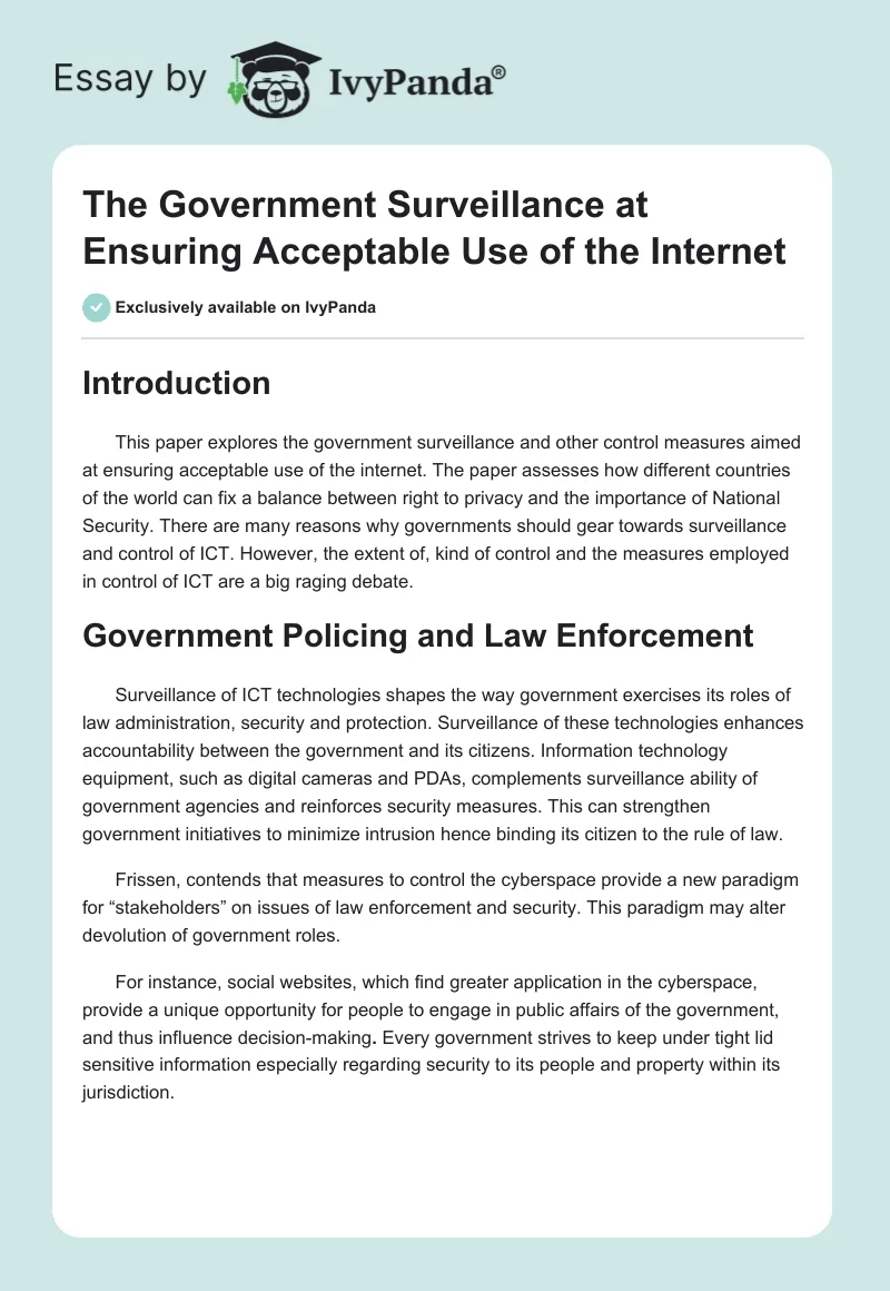 The Government Surveillance at Ensuring Acceptable Use of the Internet. Page 1
