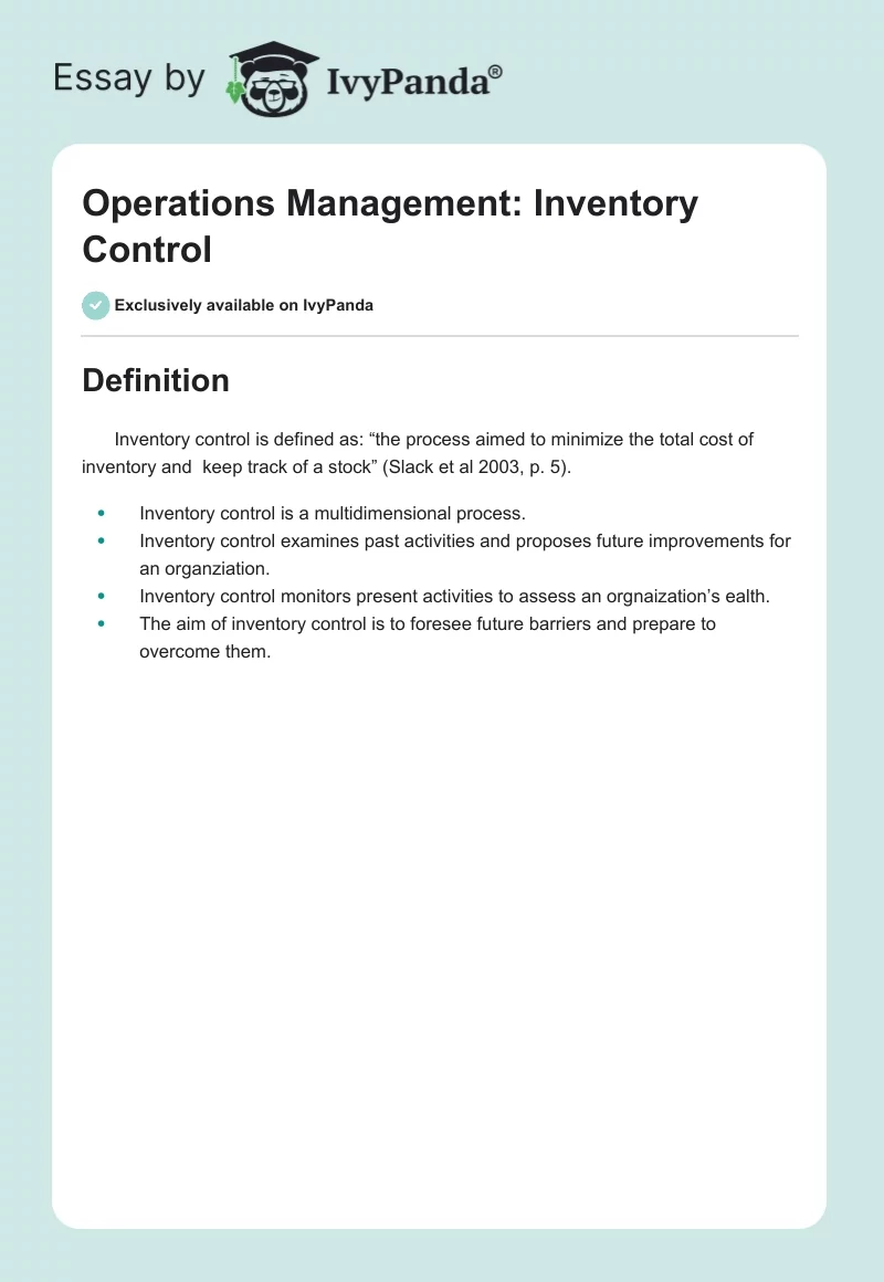 Operations Management: Inventory Control. Page 1