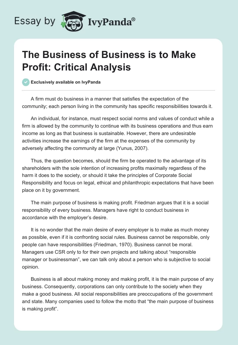 The Business of Business is to Make Profit: Critical Analysis. Page 1