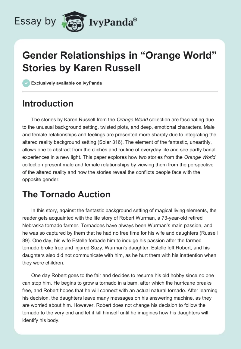 Gender Relationships in “Orange World” Stories by Karen Russell. Page 1