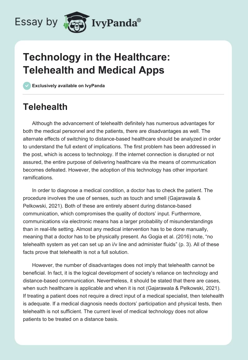 Technology in the Healthcare: Telehealth and Medical Apps. Page 1