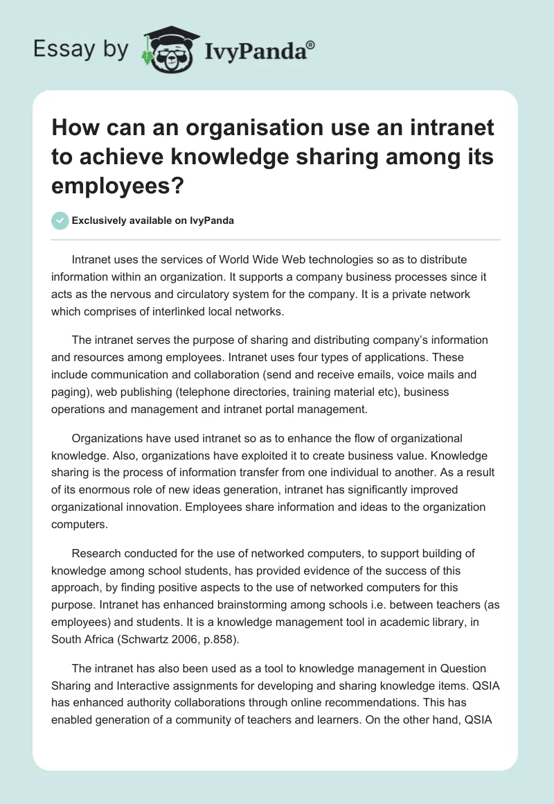 How can an organisation use an intranet to achieve knowledge sharing among its employees?. Page 1