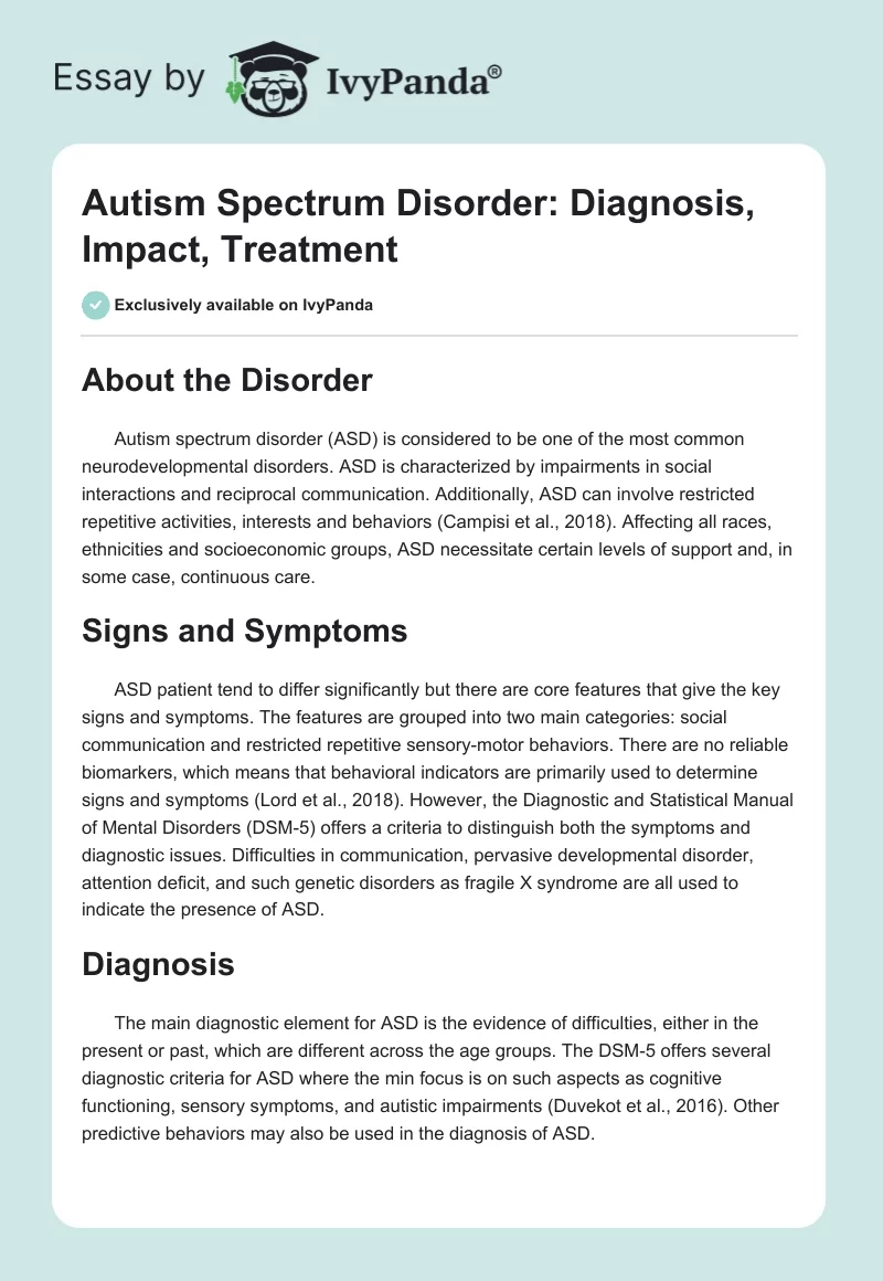 Autism Spectrum Disorder: Diagnosis, Impact, Treatment. Page 1