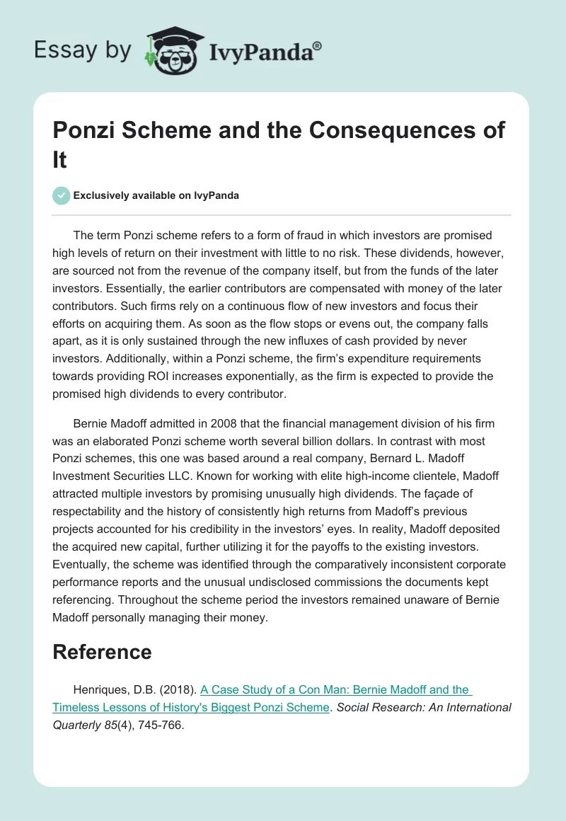 Ponzi Scheme and the Consequences of It. Page 1