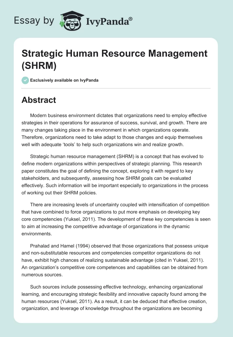 Strategic Human Resource Management (SHRM). Page 1