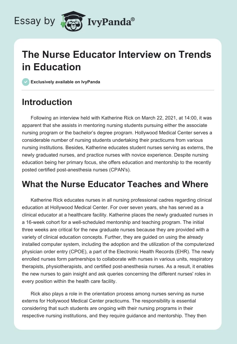 The Nurse Educator Interview on Trends in Education. Page 1