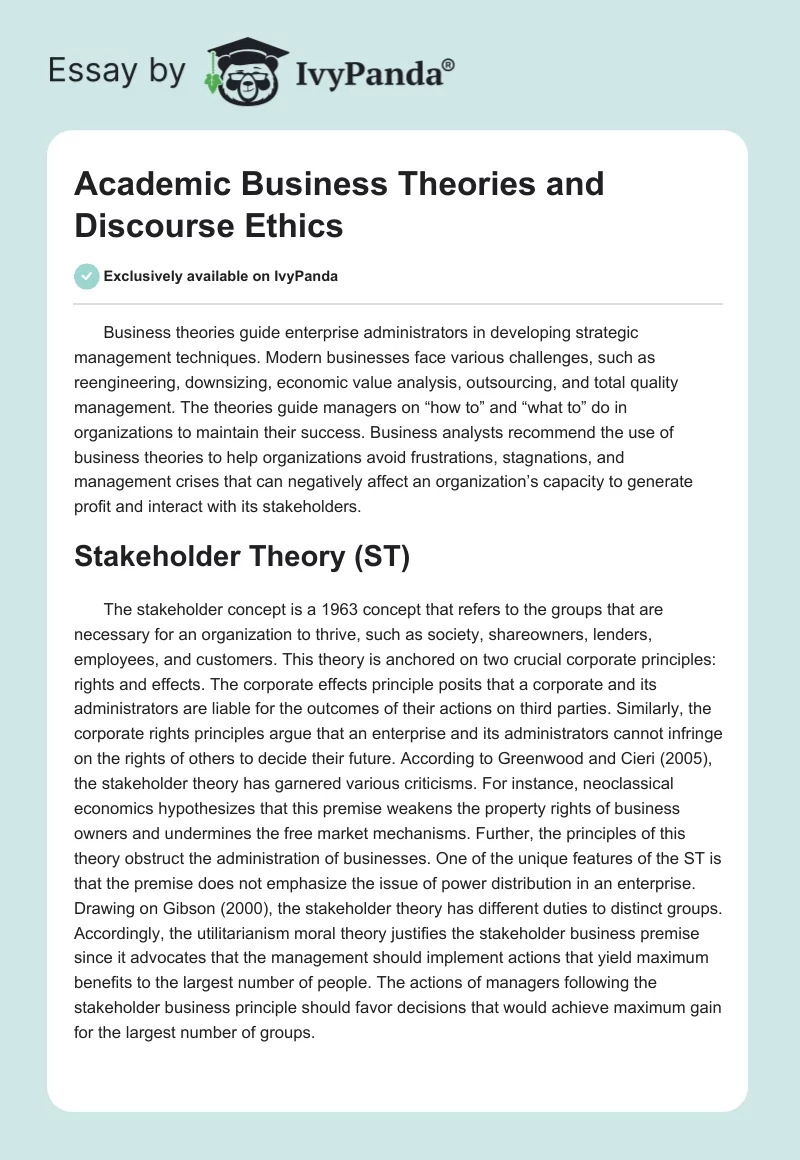 Academic Business Theories and Discourse Ethics. Page 1