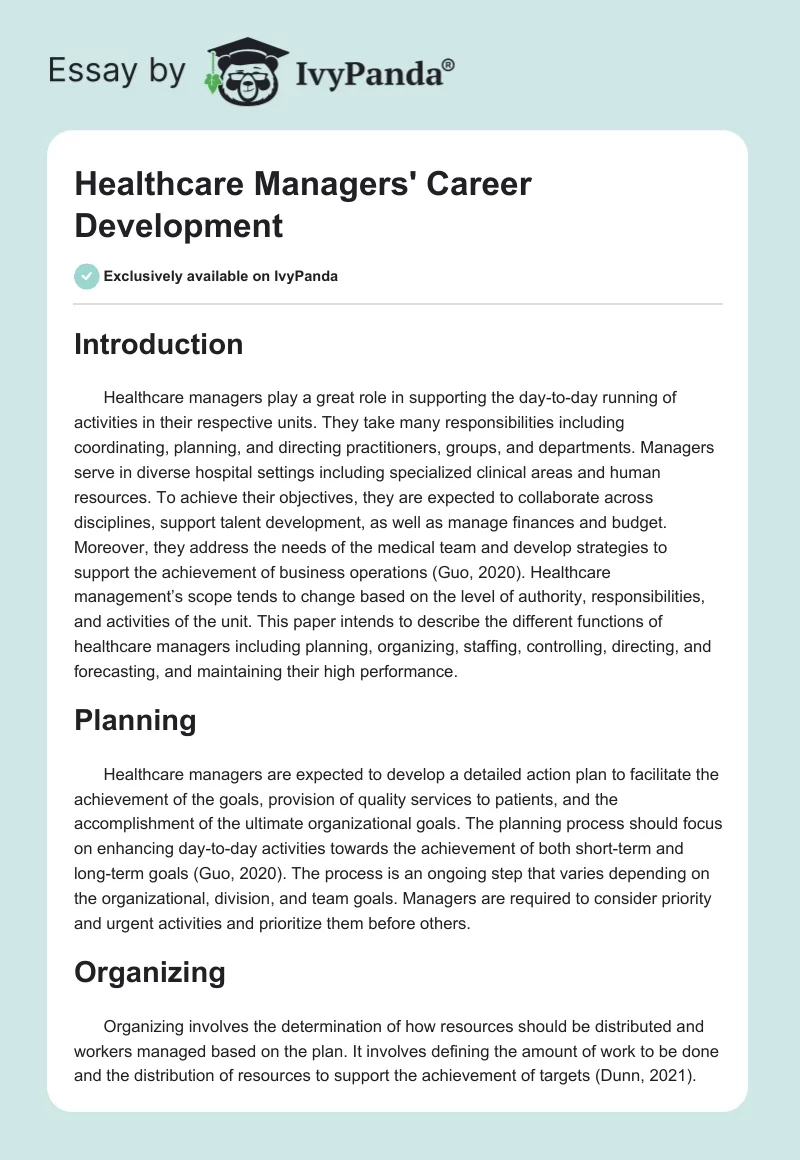 Healthcare Managers' Career Development. Page 1