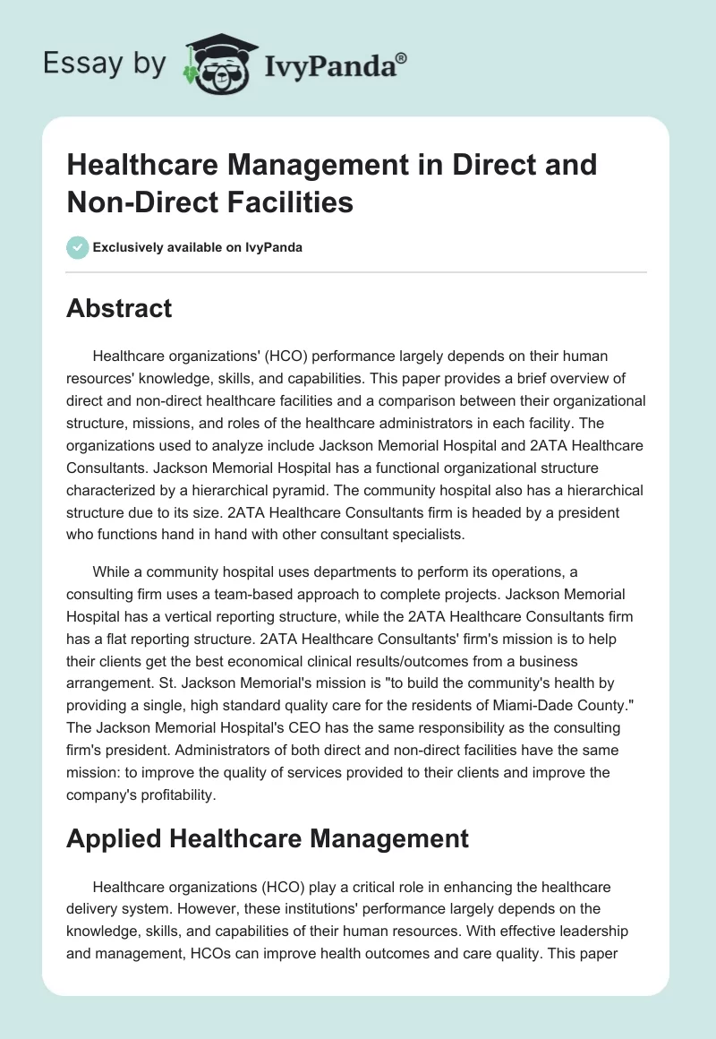 Healthcare Management in Direct and Non-Direct Facilities. Page 1